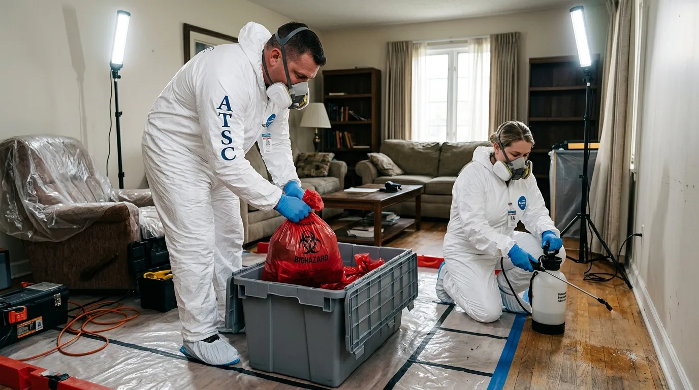 Professional Biohazard Cleanup technician in full PPE working in Chino Valley